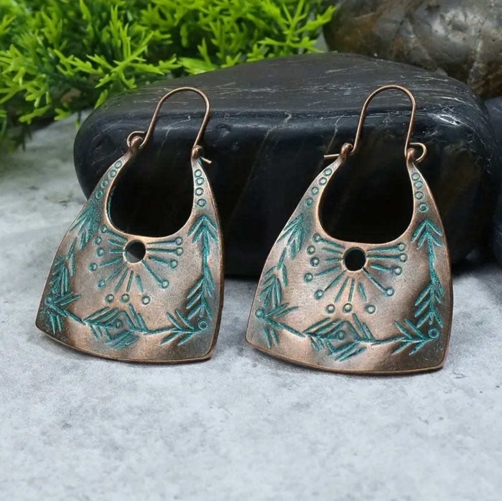 Copper turquoise tribal engraved earrings boho ethnic design